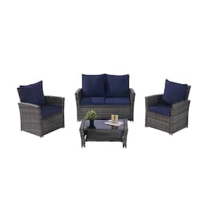 4-Piece Gray Rattan Wicker Patio Conversation Set with Dark Blue Cushions