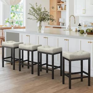 24 in. Beige Grey Counter Height Saddle Bar Stool Faux Leather Cushion Backless Bar Stool with Metal Legs (Set of 4)