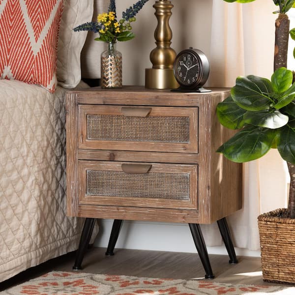 Baxton Studio Calida 2-Drawer Natural Brown and Black Nightstand (22.8 in. H x 18.9 in. W x 13.8 in. D)