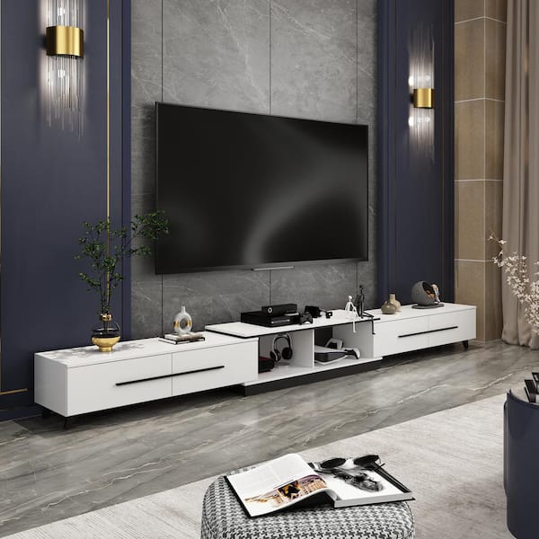 Modern Extendable TV Stand White & Walnut with Storage & Bookshelf & Drawer