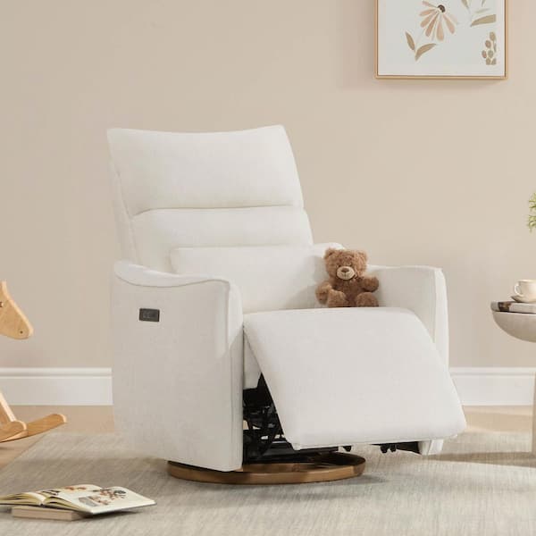 Otis Cream Fabric Dual-Motor 270° Swivel Power Nursery Glider Recliner with Power Headrest Lumbar Pillow Curved Armrest