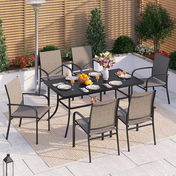PHI VILLA Black 7-Piece Metal Outdoor Patio Dining Set with Rectangle Table and Brown Textilene Chairs