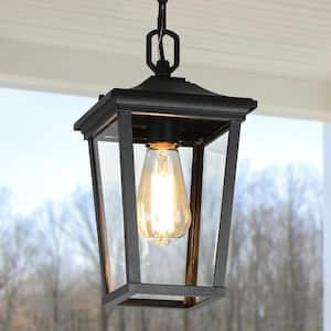 Modern Black Outdoor Pendant 1-Light Coastal Hanging Lantern with Clear Glass Shade for Covered Gazebo Front Door