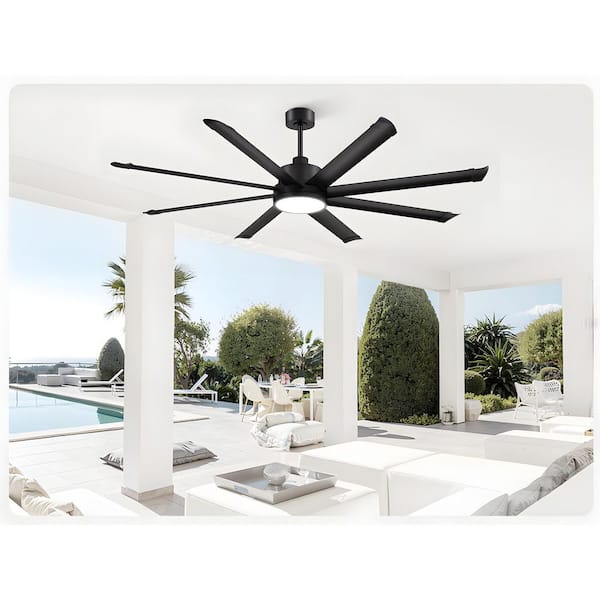 72 in. Indoor/Outdoor LED Black 8-Blade Large Industrial Downrod Mount Standard Ceiling Fan with Lights, Remote Control