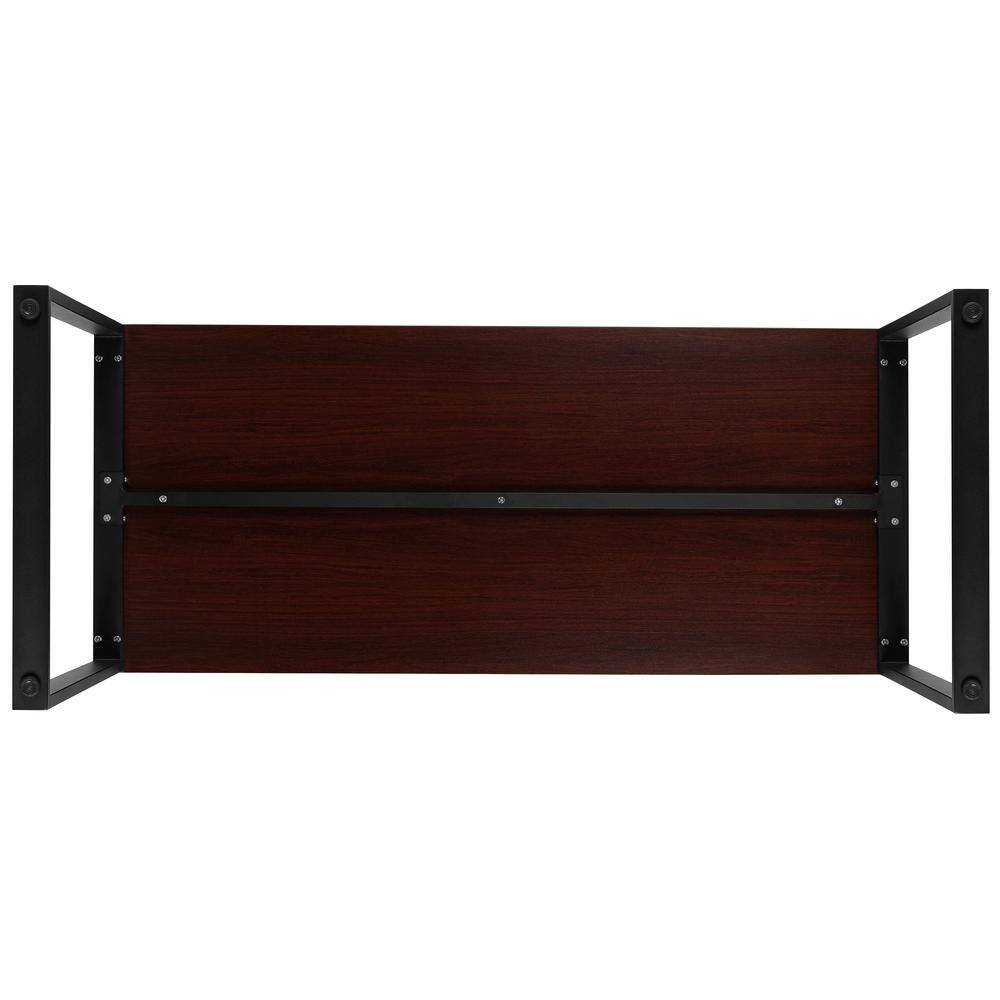 Underside view of the mahogany computer desk showing the black metal support frame.