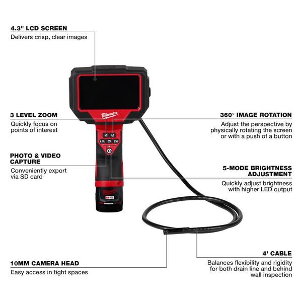 Milwaukee M12 12V Lithium-Ion Cordless M-SPECTOR 360-Degree 4 ft. Inspection Camera Kit w/M12 1400 Lumen ROCKET LED Stand Light