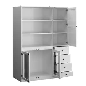 Large Dog Kennel Furniture Style Dog Crate Storage Cabinet Dog Crate with Dog Bowl 1 Cabinet 3-Shelves, 4-Drawers, White