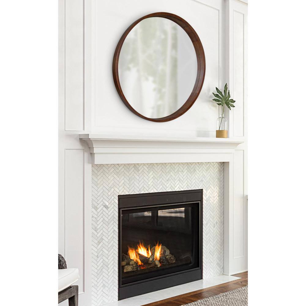 Hutton Round Walnut Brown Wood Wall Mirror, 36" Diameter
