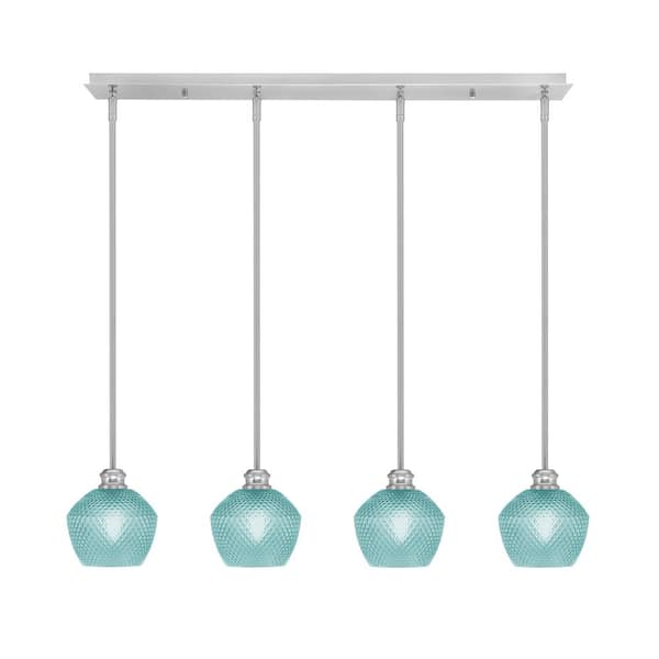 Unbranded Albany 60-Watt 4-Light Brushed Nickel Linear Pendant Light with Turquoise Textured Glass Shades and No Bulbs Included