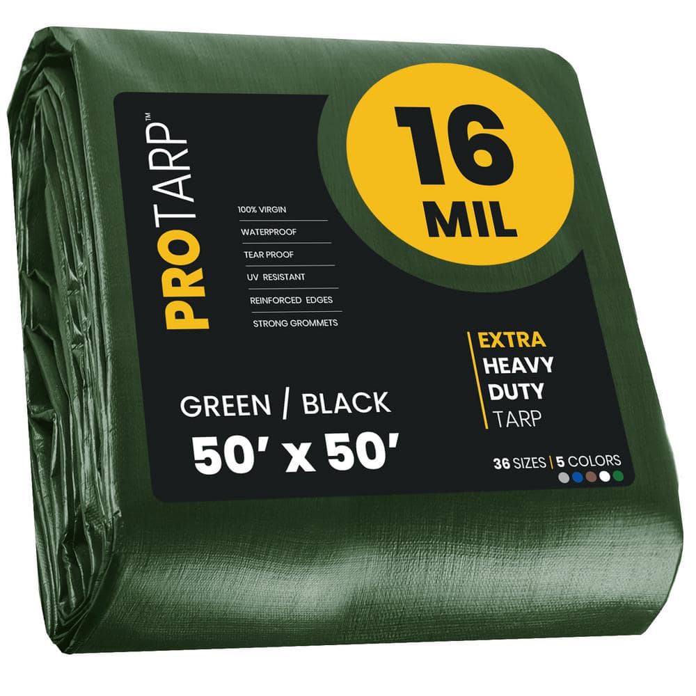 PROTARP 50 ft. x 50 ft. Green and Black Polyethylene Heavy Duty 16 Mil  Tarp, Waterproof, UV Resistant, Rip and Tear Proof PT-103-50X50 - The Home  Depot