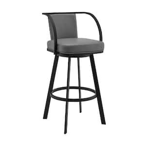 30 in. Gray and Black Low Back Metal Frame Swivel Barstool with Faux Leather Seat