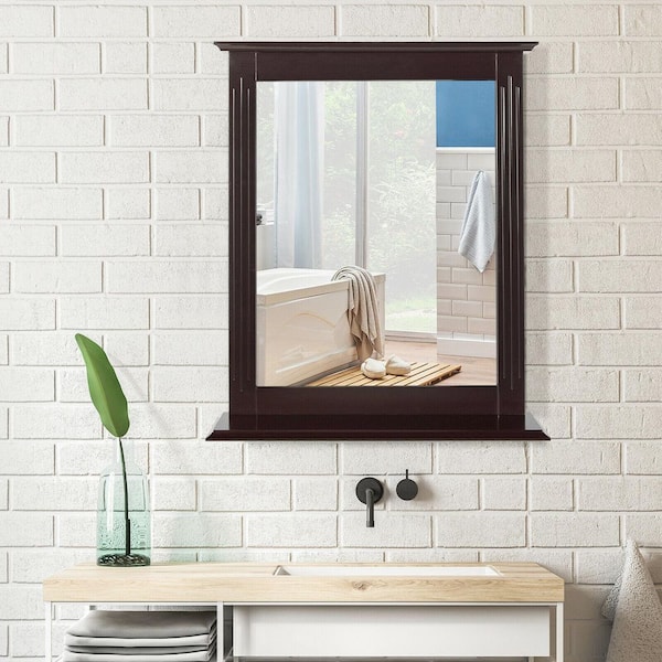 WELLFOR 22.5 in. W x 27 in. H Rectangular MDF Framed Wall Bathroom Vanity Mirror in Brown with Bottom Shelf