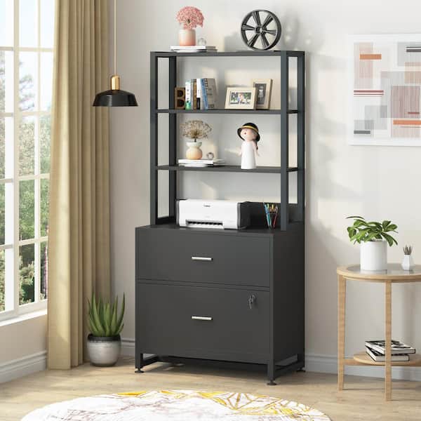 BYBLIGHT Atencio 2-Drawer Black Wood 29.5 in. W Vertical File Cabinet with Lock and Open Bookshelf