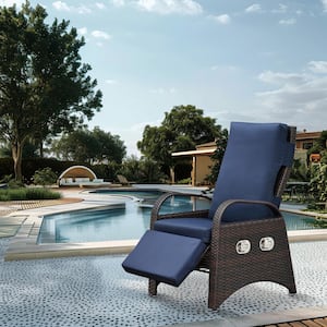 Brown Wicker Outdoor Recliner Chair, PE Wicker Adjustable Reclining Lounge Chair with Removable Soft Cushion, Navy Blue