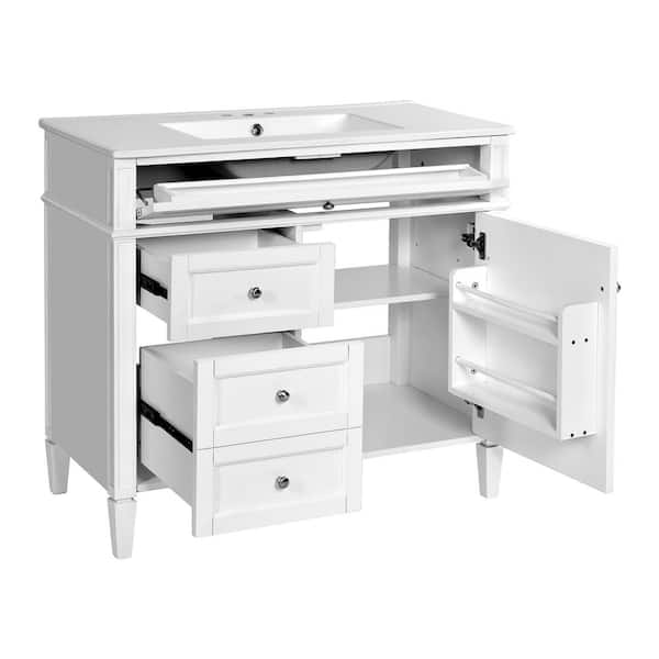 36 in. W x 18 in. D x 34 in. H Bath Vanity in White with White Ceramic Top Single Sink, 2-Drawers and a Tip-Out Drawer