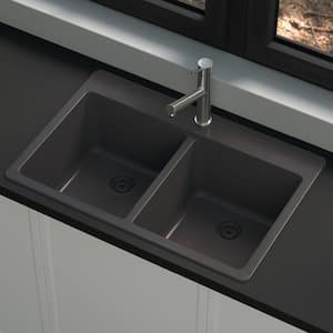 Stonehaven 33 in. Drop-In 50/50 Double Bowl Black Onyx Granite Composite Kitchen Sink with Black Strainer