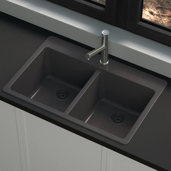 Stonehaven Drop-in/Undermount Black Onyx Granite Composite 33 in 50/50  Double Bowl Kitchen Sinks with Black Strainer