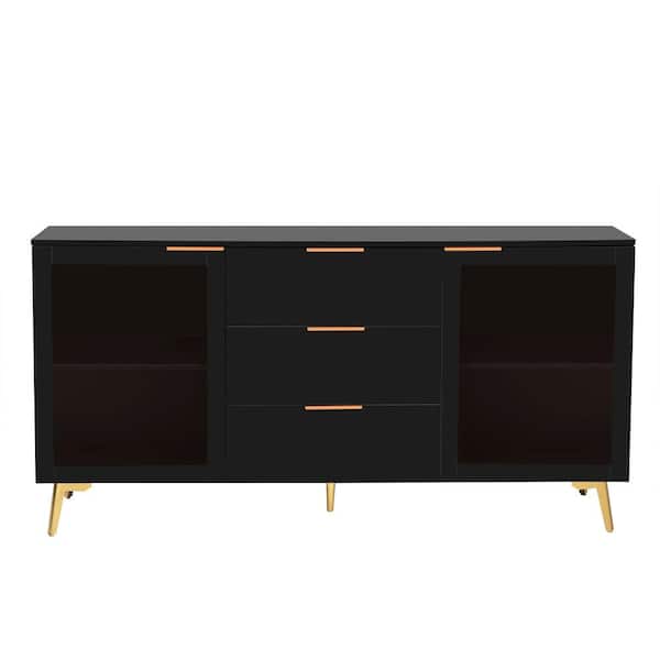 Unbranded 63.00 in. W x 15.70 in. D x 32.30 in. H Black Featured Two-door Linen Cabinet with Three Drawers and Metal Handles