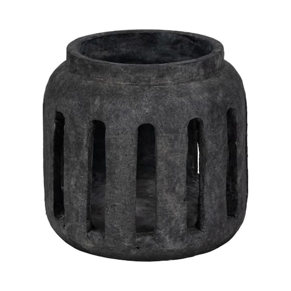 Black 10 in. Ceramic Round Lantern Hurricane Candle Holder with Open Slats