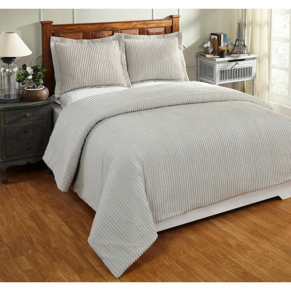 Better Trends Julian Comforter 3-Piece Gray Full/Queen 100% Cotton Tufted Chenille Solid Stripes Design Comforter Set