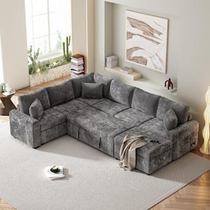 112.2 in. L Shaped Chenille Sectional Sofa in Gray with Pull-Out Sofa Bed, Storage Ottoman, 3-Pillows, Charging Devices