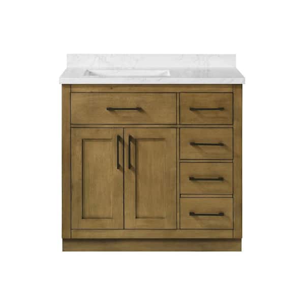 Athea 36 in. Freestanding Almond Latte Bath Vanity with White Engineered Marble Top, Power Bar and Matte Black Hardware