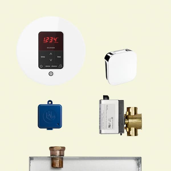 Mr. Steam Butler Steam Shower Control Package and Aroma Designer Steam Head in Round Glass White