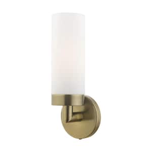 Aspen 11.75 in. 1-Light Antique Brass ADA Wall Sconce with Satin Opal White Glass