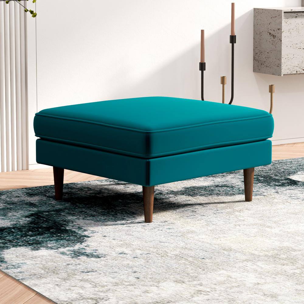 Teal Velvet Mid-Century Modern Square Ottoman with Walnut Legs