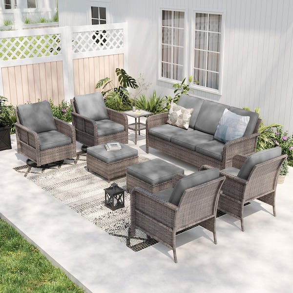 Sonkuki 8-Piece Patio Conversation Sofa Set Gray Wicker with Swivel Rocking Chair and Side Table, Gray Cushion