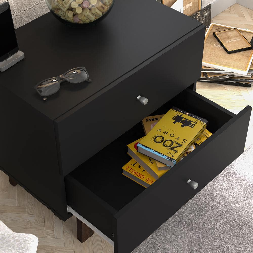 Kincaid Matte Black Wood 2-Drawer Nightstand with Walnut Legs