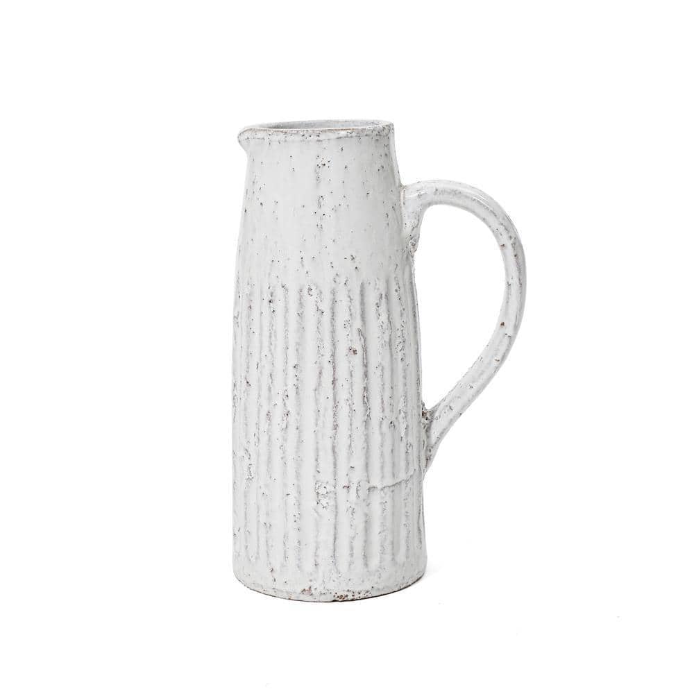 LuxenHome White Vintage Ribbed Terracotta Pitcher Vase with Handle