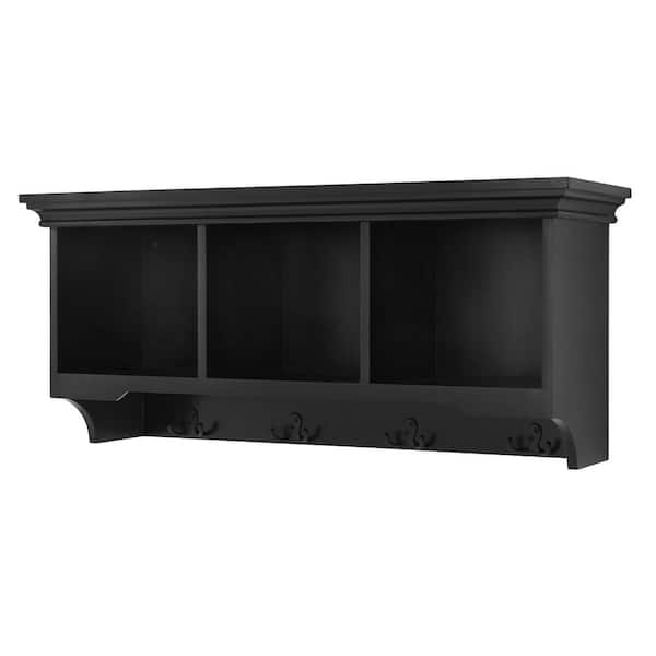 StyleWell 16.14 in. H x 36 in. W x 11 in. D Black Wood Floating Decorative  Cubby Wall Shelf with 4 Hooks 20MJE2072-BK - The Home Depot