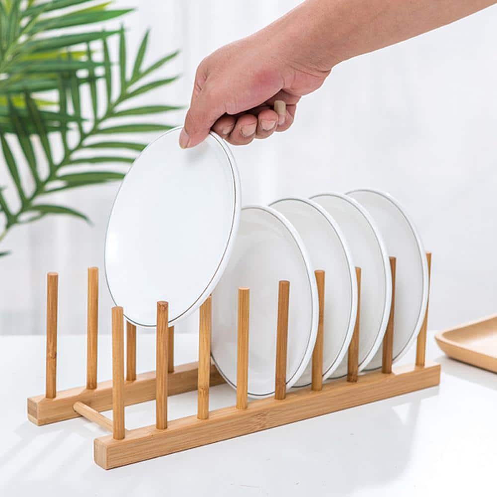 Basicwise Set of 2 Bamboo Wooden Drainer Dish Rack, Plate Rack