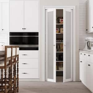 30 in. x 80 in. 1 Lite Frosted Glass Solid Core White Finished MDF Pantry Pivot Bi-fold Door with Pivot Hareware