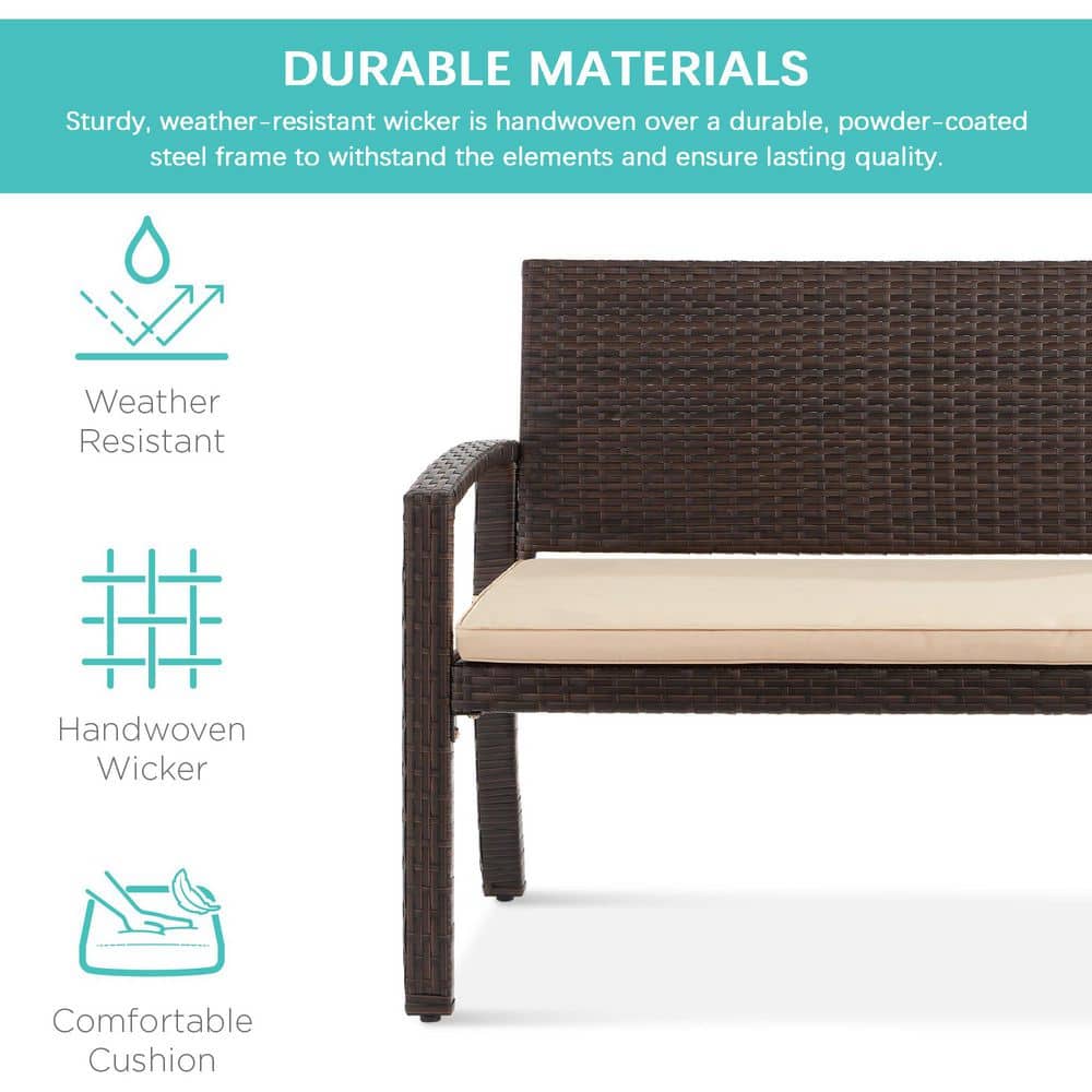 Curved Backrest Weather-Resistant Wicker 2-Person Patio Bench - Brown/Tan