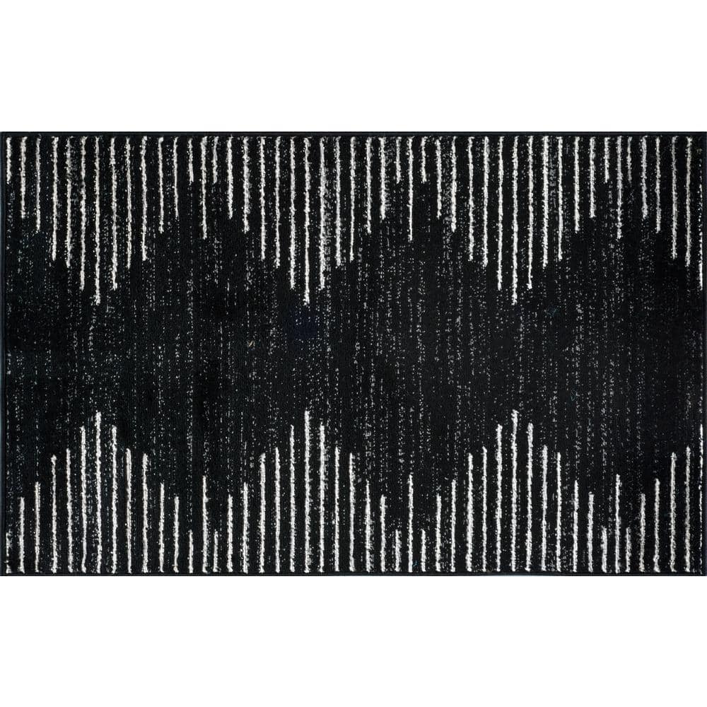 Black and White Striped Synthetic Indoor Area Rug 2' x 3'