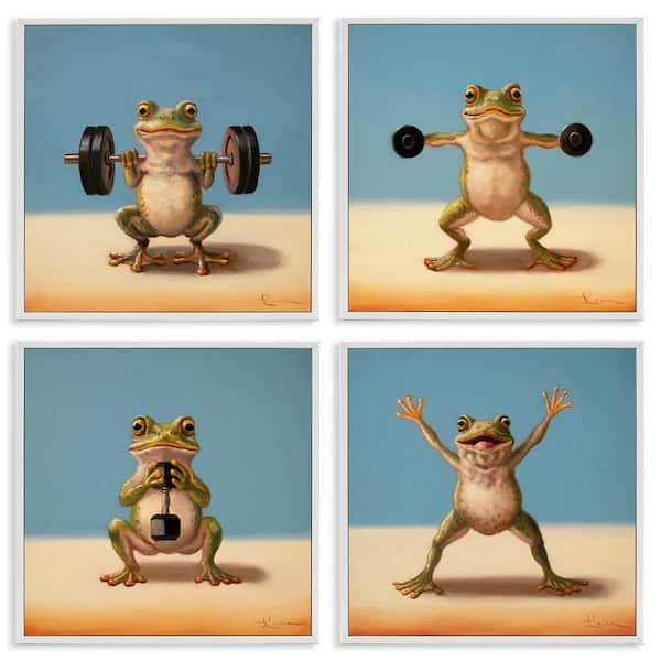 Weightlifting Frogs Various Workouts by Lucia Heffernan 4-Piece White Framed Sports Giclee Art Print 17 in. x 17 in.