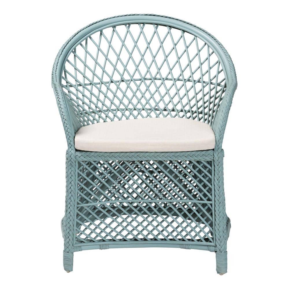 Handcrafted Light Blue Rattan Accent Chair with Cushion