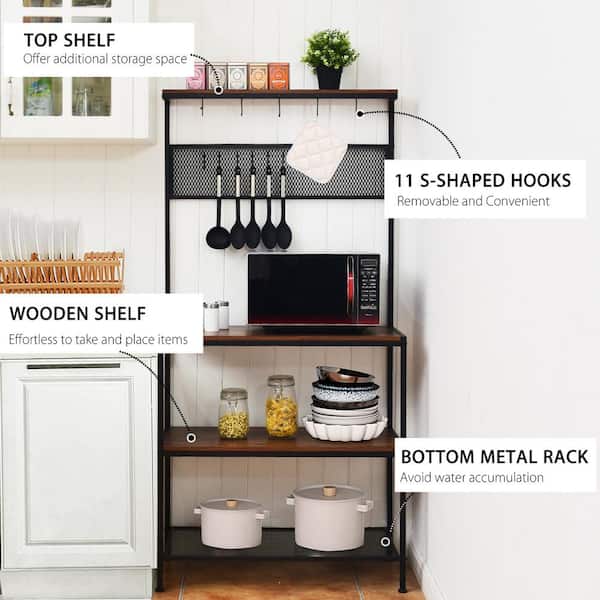 4-Tier Kitchen Rack Stand with Removable Hooks and Mesh Panel