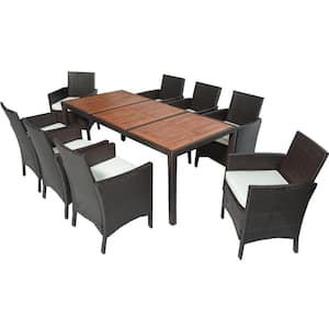 9-Piece Brown Wicker Outdoor Dining Set with Creme Cushion and Acacia Wood Top