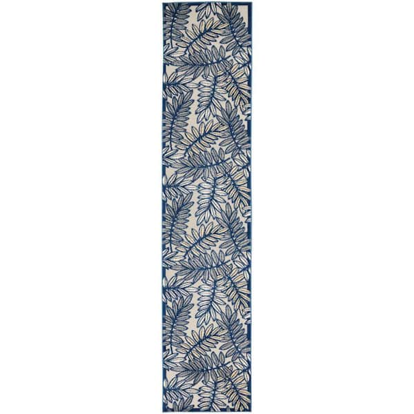 Nourison Aloha Ivory/Navy Botanical Kitchen Runner Indoor/Outdoor Rug
