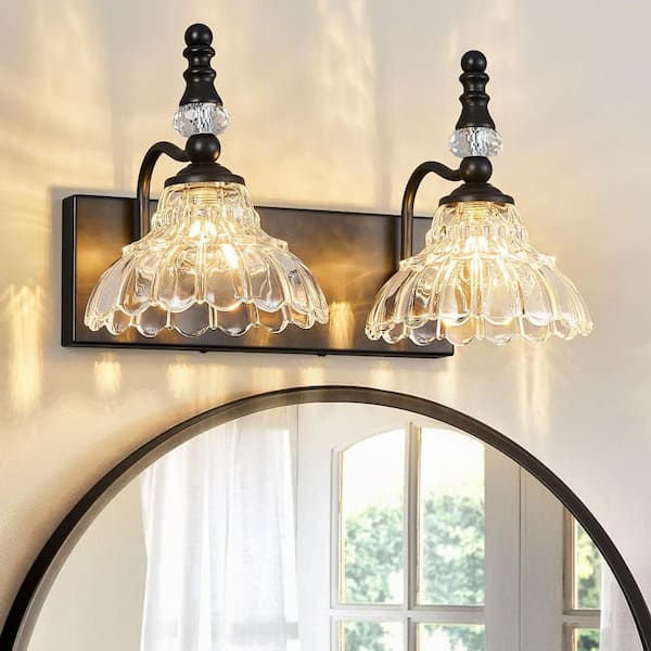Home Lighting 15.75 in. 2-Light Black Vintage Bathroom Vanity Light with Flower Glass Shade Over Mirror for Bathroom