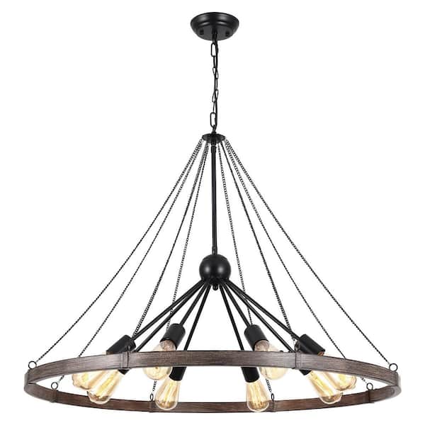 MAK BORDEN INC 8-Light Black and Imitation Wood Grain Wagon Wheel Satellite Chandelier Modern Farmhouse Pendant Light for Living Room