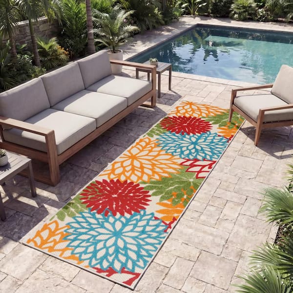 Aloha Green 2 ft. x 6 ft. Runner Floral Modern Indoor/Outdoor Patio Kitchen Area Rug