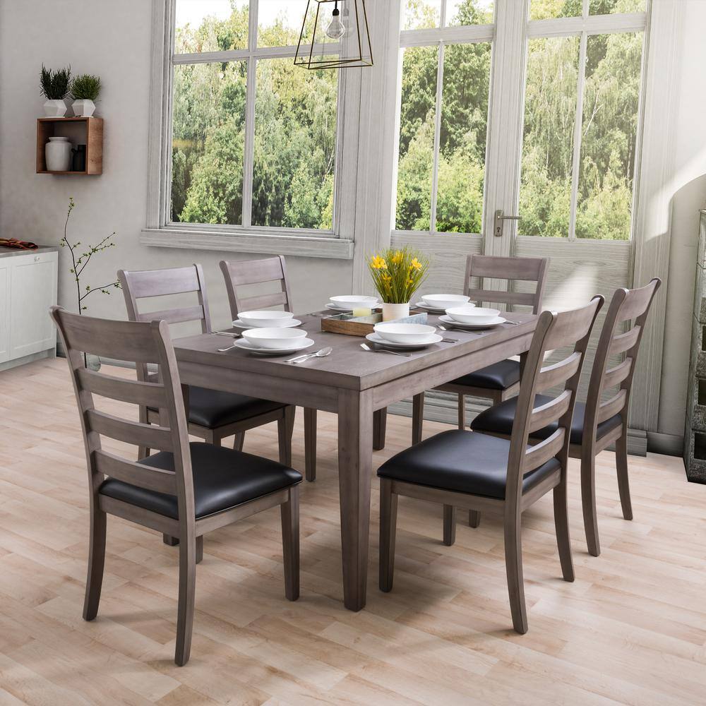 Washed Gray and Black Wood 7-Piece Dining Set with Ladder Back Chairs
