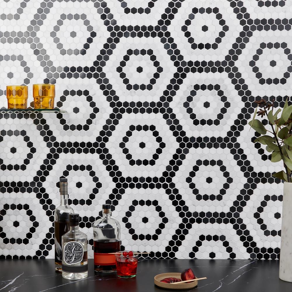 Hyperion Black and White Hexagon Marble Mosaic Tile Sheet