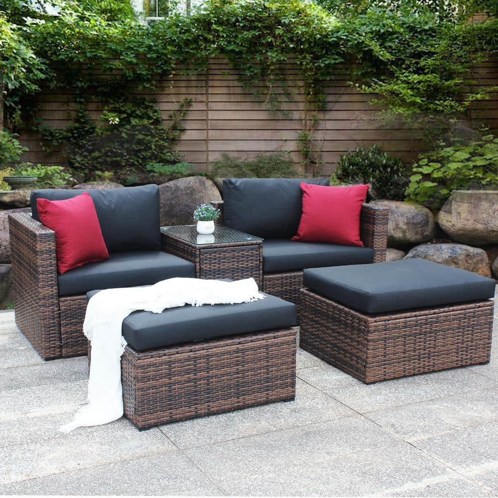 5-Pieces PE Wicker Outdoor Sectional Sofa Set with Black Cushions, Red Pill