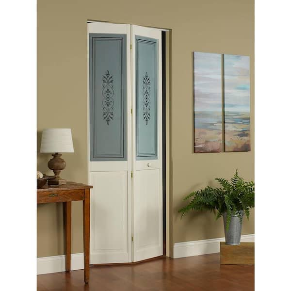 32 in. x 80 in. Lace Glass Over Raised Decorative 1/2-Lite Panel Pine Wood Interior Bi-Fold Door