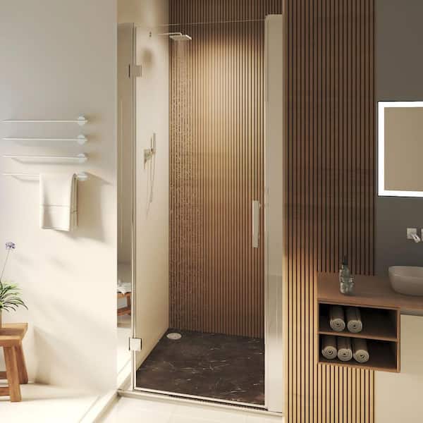 32 in. to 34 in. W x 72 in. H Pivot Hinged Swing Frameless Shower Door in Chrome with Clear Glass